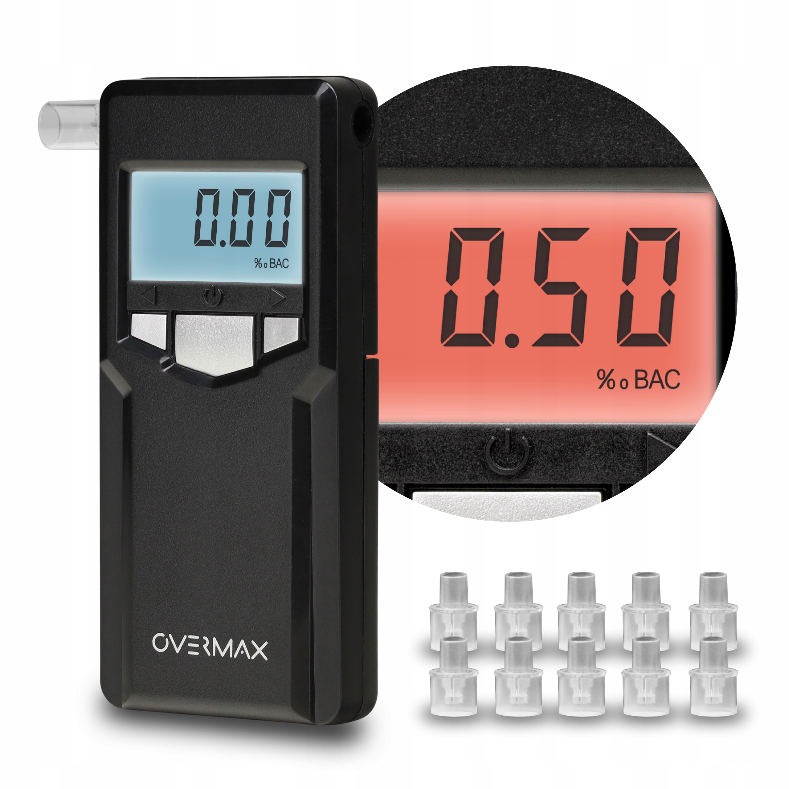 Elektrochemický alkohol tester Overmax AD-06 + 2× Sada náustkov pre alkohol tester Overmax AD-06 5 kusov